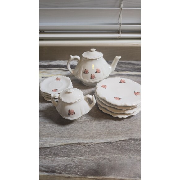 White Other - Vintage Miniature Porcelain Tea Set White Pink Rose Scalloped Teapot Sugar Bowl